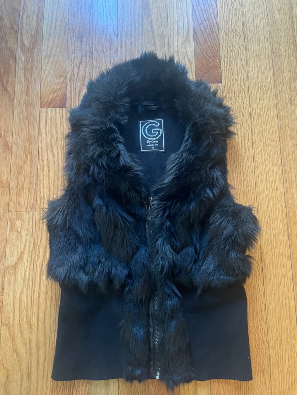 Vintage G by Guess Faux Fur Hooded Vest zip up black women’s size Medium